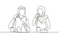 Single continuous line drawing Arabian couple having hamburger meal around table at restaurant. Happy teenagers talking, smiling