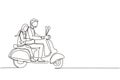 Single continuous line drawing Arabian couple riding motorcycle. Man driving scooter and woman are passenger while hugging. Royalty Free Stock Photo