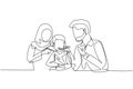 Single continuous line drawing Arabian family having fun together in restaurant. Parents feeds they boy with love. Happy little