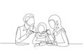 Single continuous line drawing Arabian family having fun together in restaurant. Parents feeds they daughter with love. Happy