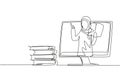 Single continuous line drawing Arabian female teacher is teaching, half of her body is out of monitor screen Royalty Free Stock Photo