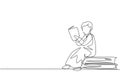 Single continuous line drawing Arabian little boy reading, learning and sitting on big books. Study at home. Smart student, Royalty Free Stock Photo