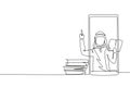 Single continuous line drawing Arabian male teacher is teaching, half of his body is out of smartphone screen and beside him is Royalty Free Stock Photo