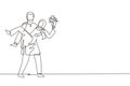 Single continuous line drawing Arabian man holding a woman and making marriage proposal with bouquet. Boy in love giving flowers. Royalty Free Stock Photo