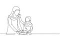 Single continuous line drawing Arabian mother feeds her daughter food and in front of her is bowl filled with salad. Cooking