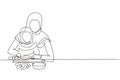 Single continuous line drawing Arabian mother teaching her little daughter to cut vegetables and fruit. Healthy food at home.