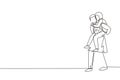 Single continuous line drawing Arabic man carry his girlfriend on his back. Happy romantic couple in love. Relationship concept in