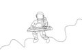 Single continuous line drawing of astronaut keyboardist playing keyboard musical instrument in cosmic galaxy. Deep space music