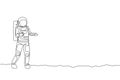 Single continuous line drawing astronaut in moon surface texting his partner using smartphone. Business office with galaxy outer Royalty Free Stock Photo