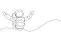 Single continuous line drawing of astronaut open his hands ready to hug in moon surface. Business office with galaxy outer space