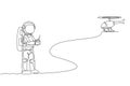 Single continuous line drawing of astronaut playing helicopter radio control in moon surface. Having fun in leisure time on outer Royalty Free Stock Photo
