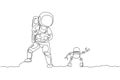 Single continuous line drawing of astronaut playing robot radio control in moon surface. Having fun in leisure time on outer space