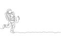 Single continuous line drawing of astronaut playing saxophone musical instrument in moon surface. Deep space music concert concept