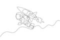 Single continuous line drawing astronaut in spacesuit flying at outer space with jetpack rocket spacecraft. Science milky way