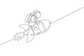 Single continuous line drawing of astronaut in spacesuit flying at outer space while sitting and riding rocket spacecraft. Science