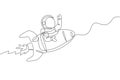Single continuous line drawing of astronaut in spacesuit waving hand at outer space with rocket spacecraft. Science milky way