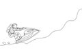 Single continuous line drawing of astronaut using jetski on moon surface, outer deep space. Space astronomy galaxy sport concept.