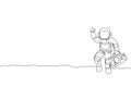 Single continuous line drawing of astronaut walking and holding retro radio with hand on moon surface. Outer space music concert