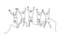 Single continuous line drawing back view group of young happy male and female jumping together to celebrate their vacation.