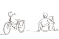 Single continuous line drawing back view of romantic teenage couple sitting outdoors with bicycle next to them. Young man and Royalty Free Stock Photo