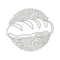 Single continuous line drawing baguette loaf of bread. White yeast bread. Appetizing long loaf. Bakery products. Swirl curl circle Royalty Free Stock Photo