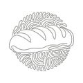 Single continuous line drawing baguette loaf of bread. White yeast bread. Appetizing long loaf. Bakery products. Swirl curl circle