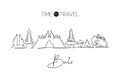 Single continuous line drawing of Bali city skyline, Indonesia. Famous city scraper landscape wall decor home art poster print.