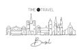 Single continuous line drawing of Basel city skyline Switzerland. Famous skyscraper landscape postcard. World travel wall decor