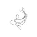 Single continuous line drawing of beautiful exotic koi fish for natural pond garden logo identity. Asian typical carp beauty fish