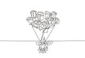 Single continuous line drawing of beautiful fresh rose flower bouquet. Dynamic beauty greeting card, invitation, logo, banner,