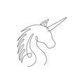 Single continuous line drawing of beautiful unicorn head for corporate logo identity. Kids cute fantasy imagination creature