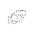 Single continuous line drawing of beauty clownfish for aquatic logo identity. Beautiful anemonefish mascot concept for under water