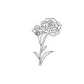 Single continuous line drawing of beauty fresh carnation for garden logo. Decorative dianthus caryophyllus flower for home wall