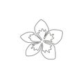 Single continuous line drawing of beauty fresh plumeria for garden logo. Printable decorative art frangipani flower concept for