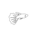 Single continuous line drawing of beauty guppy fish for aquarium logo identity. Freshwater aquarium fish mascot concept for