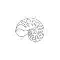 Single continuous line drawing beauty sea snail shell for nautical logo identity. Seashell mascot concept for beach conservation Royalty Free Stock Photo