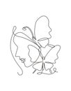 Single continuous line drawing beauty woman with butterfly artwork. Botanical, fashion, t-shirt print. Portrait face minimalistic Royalty Free Stock Photo