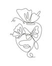 Single continuous line drawing beauty woman with butterfly artwork. Botanical, fashion, t-shirt print. Portrait face minimalistic Royalty Free Stock Photo