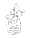 Single continuous line drawing beauty woman with butterfly artwork. Botanical, fashion, t-shirt print. Portrait minimalistic style Royalty Free Stock Photo