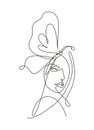 Single continuous line drawing beauty woman with butterfly artwork. Botanical, fashion, t-shirt print. Portrait minimalistic style Royalty Free Stock Photo