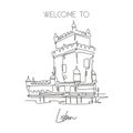 Single continuous line drawing Belem Tower landmark. Famous place in Lisbon, Portugal. World travel home wall decor art poster