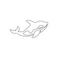 Single continuous line drawing of big adorable orca for company logo identity. Killer whale mascot concept for scuba diving lover