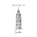 Single continuous line drawing of Big Ben clock tower landmark. Historical iconic beauty place in London. Home decor wall art