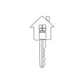 Single continuous line drawing black flat style key and house icon shape. Elegant key house logo design, real estate logo icon Royalty Free Stock Photo