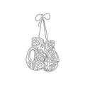 Single continuous line drawing boxing glove hanging on lace. Boxer sportswear for punch workout. Symbol of fight, combat. Swirl