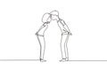 Single continuous line drawing boy and girl in love and kissing. Young couple lovers kissing. Happy man and woman celebrating