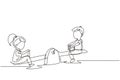 Single continuous line drawing boy and girl of preschool swinging on seesaw. Kids having fun at playground. Cute kids playing Royalty Free Stock Photo
