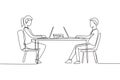 Single continuous line drawing boy and girl students studying with laptop and sitting on chairs around desk. Back to school, Royalty Free Stock Photo