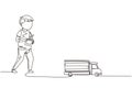 Single continuous line drawing boy playing with remote-controlled cargo truck toy. Cute kids playing with electronic toy cargo Royalty Free Stock Photo