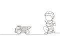 Single continuous line drawing boy playing with remote-controlled dump truck toy. Cute kids playing with electronic dump truck toy Royalty Free Stock Photo